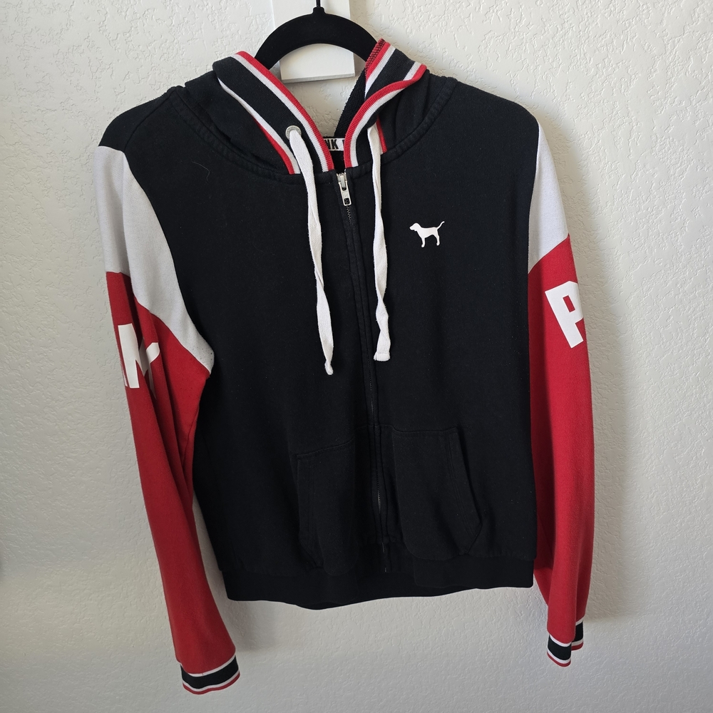 PINK Victoria's Secret Black and Red Hoodie Sweater